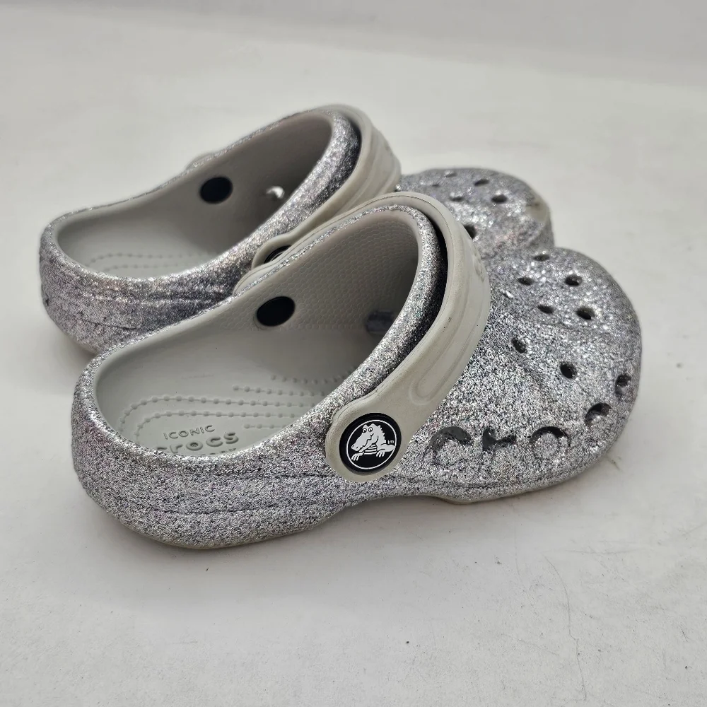 Crocs Baya Glitter Clogs Silver Little Kids Size 9 Toddler Sparkly Comfort Shoes